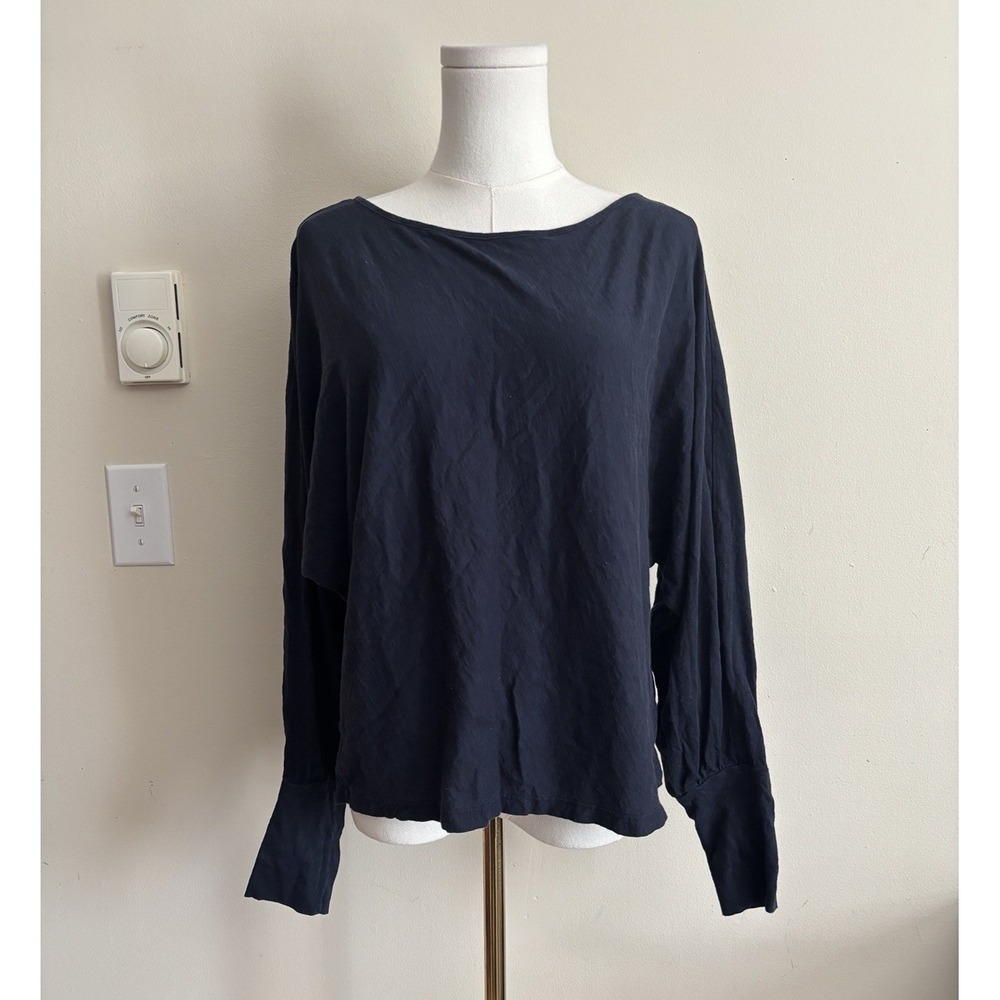 Velvet by Graham & Spencer Womens Medium Vintage Slub Top Navy Blue Cotton Chic